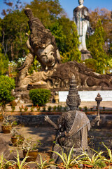 Fototapeta na wymiar A beautiful view of statues in Buddha Park at Nong Khai, Thailand.