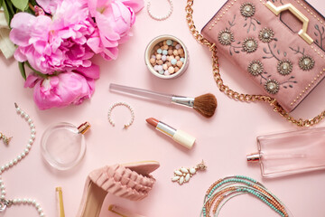 Beauty and fashion accessories and gadgets. Femine concept. Flat lay on pink theme background