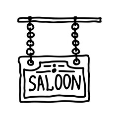 Hanging board on chains with the text Saloon. Black contour silhouette. Hand drawn vector graphic illustration. Isolated object on a white background. Isolate.