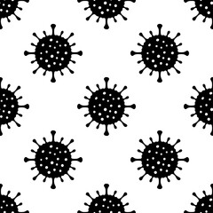 Black virus icon isolated on a white background. Seamless pattern. Hand drawn vector graphic illustration. Texture.