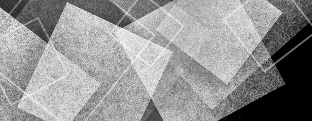 black and white abstract background with texture and layers of white squares on black background in modern geometric layers
