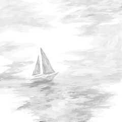 Fototapeta na wymiar Sailing Off Into the Fresh Sunrise - Grayscale Illustration