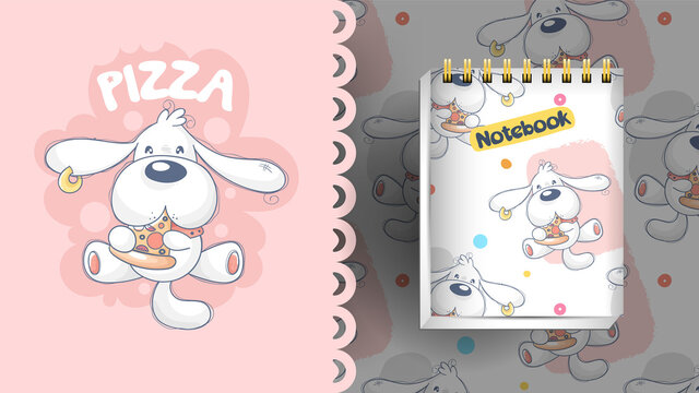 Puppy eating pizza with ideas for notebook and patterns