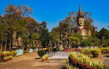 Naklejka premium A beautiful view of statues in Buddha Park at Nong Khai, Thailand.