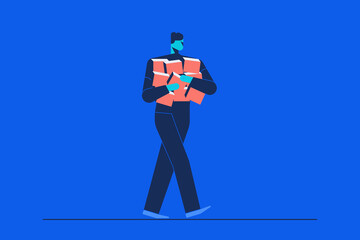 Abstract character carrying a lot of boxes in his hands. Person without any specific race or ethnicity.  Corporate style illustration made of simple shapes.