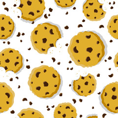 Chocolate chip sugar cookies seamless pattern. Cute food texture. Sweet pastry vector background. Flat design illustration.