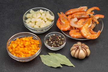 Seafood and vegetables ingredients for cooking lunch.