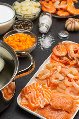 Seafood and vegetables ingredients for cooking clam chowder soup. Natural source of omega-3.