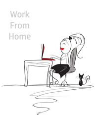 Cute simple line art doodle girl working on laptop at the desk, cat sitting next to chair. Isolated on white background. Stay home, distance remote work concept.