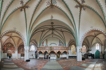 Lubeck, Germany. Panorama of interior of former church of Heiligen-Geist-Hospital (Hospital of the Holy Spirit). The hospital was founded in 1227. The church building was completed in 1286.