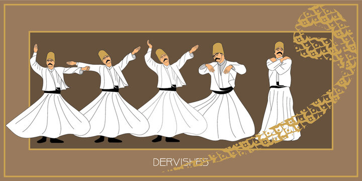Whirling Dervishes Big vector poster. Symbolic study of Mevlevi mystical dance. This painting represents a movement of this dance.