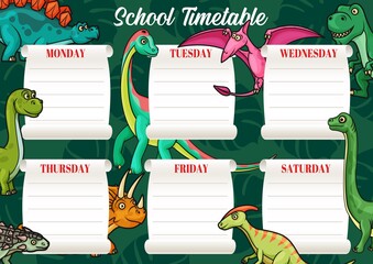 School timetable or education schedule vector template on background with dinosaur animals. Student lessons or classes schedule layout, weekly study planner with dino monsters, t-rex and triceratops © Buch&Bee