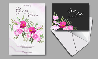 Wedding invitation card template set with beautiful colourful  floral leaves Premium Vector