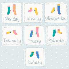 Vector set of weekly colorful socks with the names of the days of the week. Different socks in pairs. Hearts on blue background.