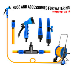set of hose pipe holds the garden watering yellow and blue irrigation, water spray gun, plastic sprayer vector, nozzles different nozzles and reel for watering