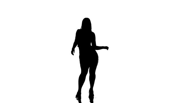 black silhouette on a white background, young beautiful girl dancer in fishnet tights and shorts dancing dancehall twerk, street modern dance, long shot