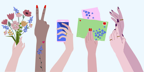 Female hands, in various poses and various objects with hands. Set hand drawn colored trendy vector illustrations. Cartoon style. Flat design.
