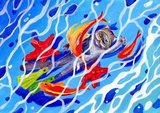 Oil Paintings Landscape. Swimmer Cat, Colorful Fish In Water