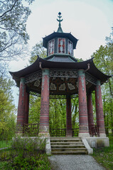 ancient chinese gazebo with red columns 