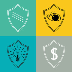 Shield icons.Protection of Bank deposits, protection of privacy,protection of intellectual property. A set of flat icons for web design.Vector illustration.