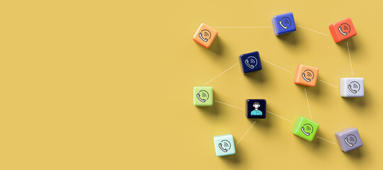 cube-grid with icons symbolizing a conference call on colorful background