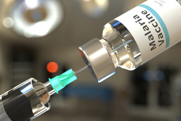 Medical bottle with malaria vaccine and syringe or doctor, 3D rendering - obrazy, fototapety, plakaty