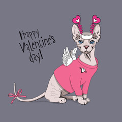 Card of a Valentine's Day. Sphynx Cat in a pink dress with wings,and in a fun crown. Vector illustration.
