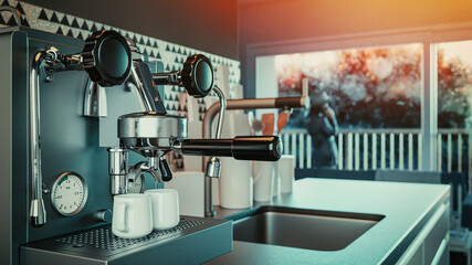 Automatic coffee machine in the house. 3d rendering and illustration.