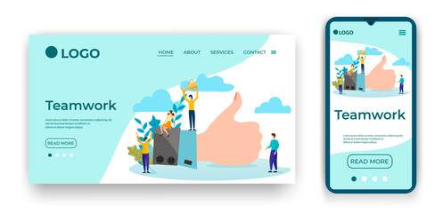 Teamwork.Template for the user interface of the website's home page.Landing page template.The adaptive design of the smartphone.vector illustration.