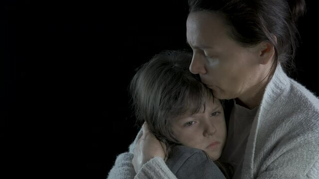 Homeless family. Homeless sad mother with her daughter.