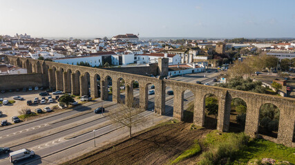 Aerial view of the Água de Prata aqueduct in Évora, Portugal. Monumental aqueduct in the city of...