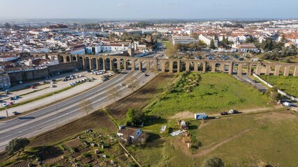 Aerial view of the Água de Prata aqueduct in Évora, Portugal. Monumental aqueduct in the city of Évora