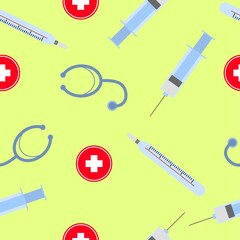 Seamless background, syringe, thermometer, medical cross and phonendoscope. Vector illustration flat design.