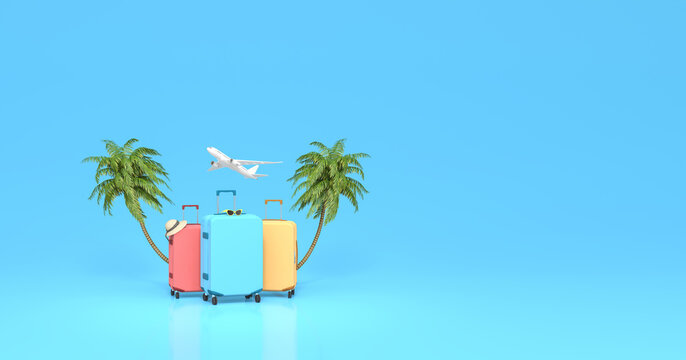 Ready for summer vacation, travel background with copy space. Summer vacation concept with palm tree and suitcases, 3D Render 3D illustration