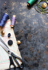 sewing lessons. dressmaker's table. clothes designer. Flet lay concept. © V. Levkina