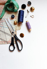 sewing lessons. dressmaker's table. clothes designer. Flet lay concept.