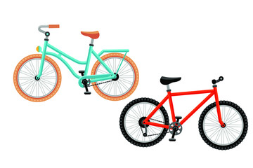 Cartoon Color Different Bicycles Icon Set, Sport Flat Design. Colorful bicycle Vector flat illustration, isolated on white background. Bicycle vector illustration.