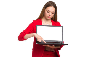 Fototapeta premium office woman looking at camera smiling, Holding a laptop, shows a finger at him
