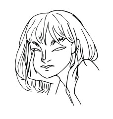 Woman face vector art. Female portrait sketch drawing. Black line art of a young beautiful girl with hand.