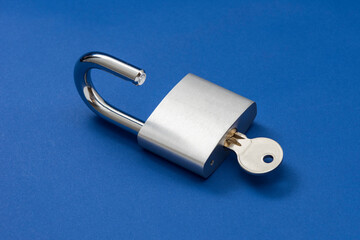 Unlocked Silver Padlock on the blue background.