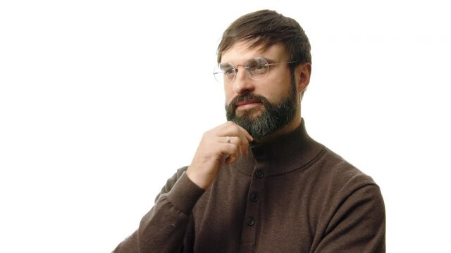 Successful and confident finance top manager wearing eye glasses and casual clothes looking on the camera isolated on white background.