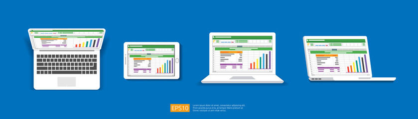Spreadsheet on Laptop tablet screen icon. Financial accounting report concept. office things for planning and accounting, analysis, audit, project management, marketing, research vector illustration