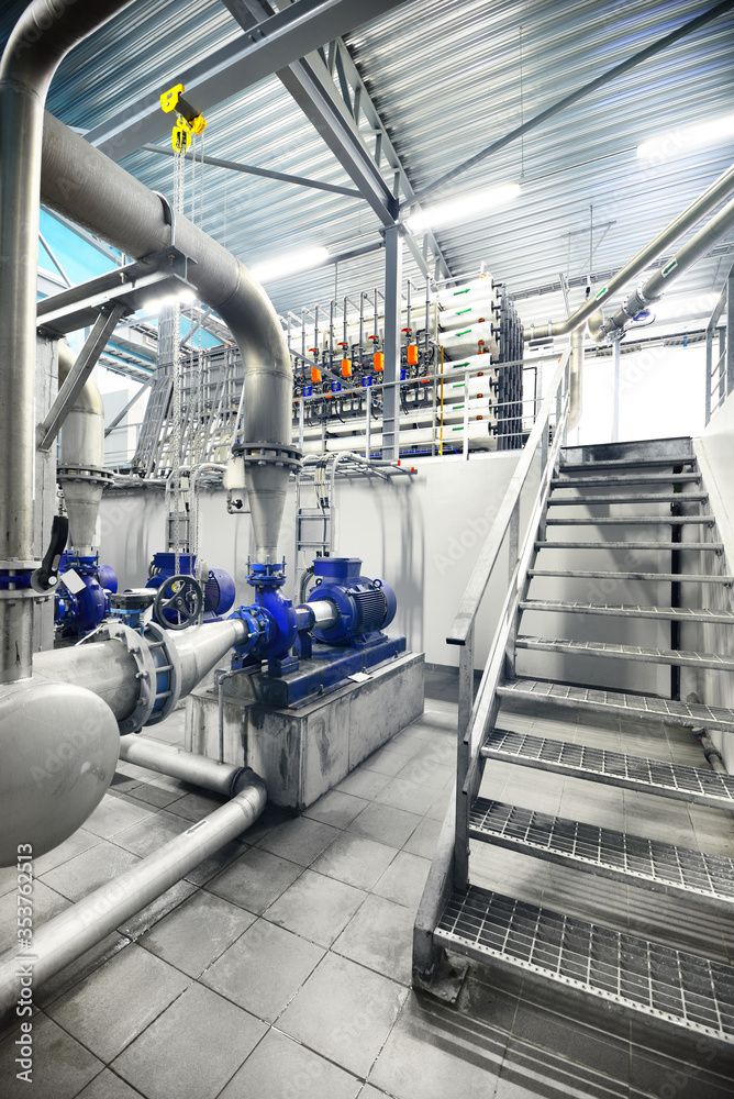 Wall mural pump station for reverse osmosis industrial city water treatment station. wide angle perspective