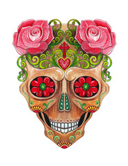 Art Sugar Skull Day of the dead. Hand painting on paper.