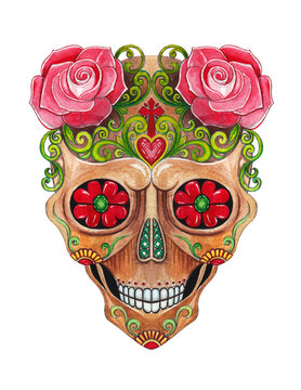 Art Sugar Skull Day of the dead. Hand painting on paper.