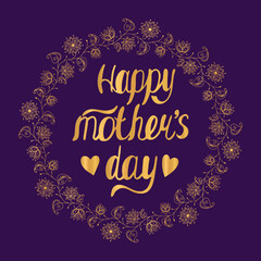Lettering With mother s day in a gold round flower frame on a purple background. Vector illustration