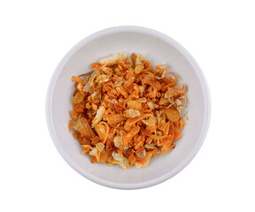 Fried garlic isolated in white plate on a white background
