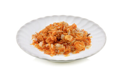 Fried garlic isolated in white plate on a white background