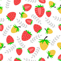 Seamless pattern with berries, flowers and strawberry leaves on white isolated . Vector illustration