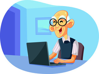 Grandpa Using Laptop Vector Cartoon Illustration